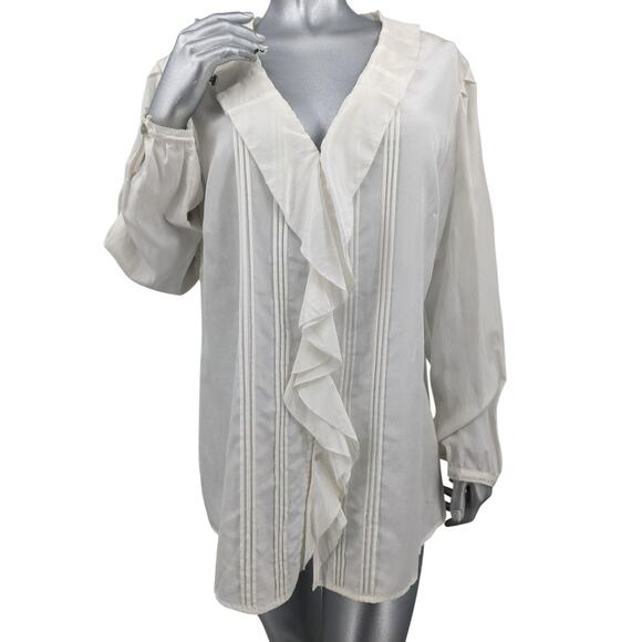 CHICO'S RUFFLED SHIRT BLOUSE TOP ~ White Silk & Cotton ~ XL Size 3 ~ Long Sleeve - Picture 2 of 10